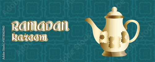 Ramadan Kareem greeting banner with golden jug and Islamic geometric pattern, traditional Muslim design