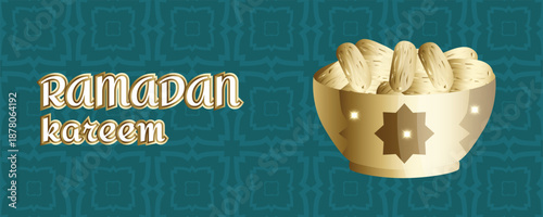 Ramadan Kareem greeting banner with golden bowl of dates and Islamic geometric pattern, Muslim fasting concept