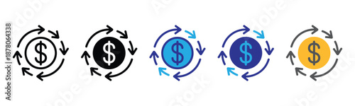 Vector illustration icon collection of colorful dollar sign icons with circular arrow graphics for finance and business concepts