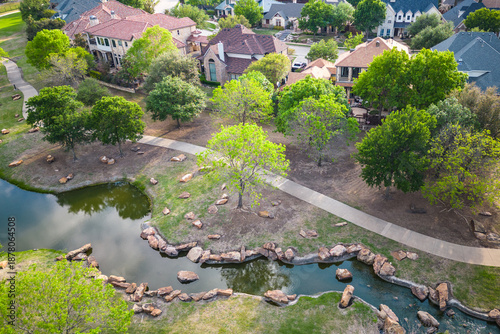 Obraz na plátne Aerial view of suburban park with creek trees lawns and walking paths near resid