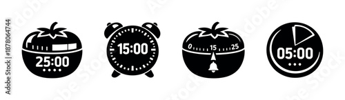 Pomodoro vector icons set with timers, alarm clocks, and countdown symbols