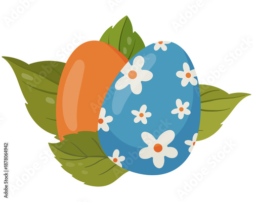 illustration of decorated Easter eggs with floral pattern surrounded by green leaves. Perfect for Easter holiday designs, spring greeting cards, invitations, posters, social media graphics, packaging