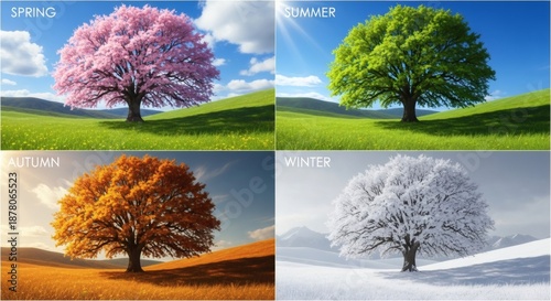 A single tree's journey through four seasons spring blossoms, summer leaves, autumn colors, and winter snow, showcasing nature's annual transformation and serene beauty