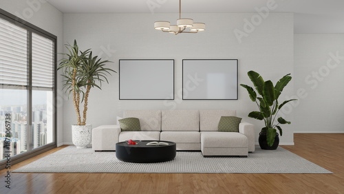 Modern interior mockup with two horizontal blank frames above beige sectional sofa and city view window