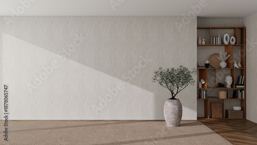 Empty beige wall background mockup in modern living room with wooden shelving and decorative olive plant