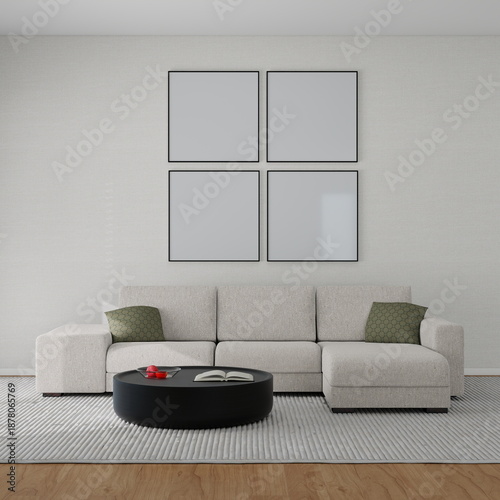 3D render of modern living room interior with four square blank poster frames mockup on wall above sofa