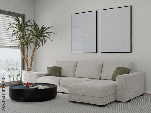 Double vertical poster frame mockup in bright living room with large window and sectional couch 3d rendering