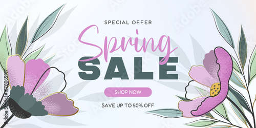 Spring Sale Banner with Discounts, Embellished with Pink Flowers