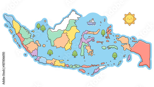 Colorful Illustrated Map of Indonesia with Provinces and Sun. Vector Illustration. EPS Editable