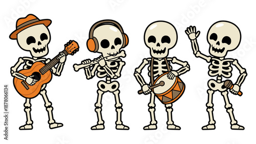Four Cartoon Skeletons Playing Musical Instruments Together. Vector Illustration. EPS Editable