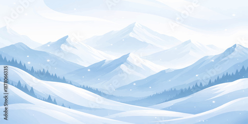 A panoramic winter mountain landscape features snow-covered alpine peaks and a glacier under a cold blue sky, offering a majestic nature view of the rocky Alps resort during the ski season