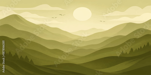 A vibrant summer sunset illuminates a green mountain valley with rolling hills, a lush grass meadow, and a forest under a blue sky with soft clouds in this scenic nature vector illustration