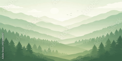 A panoramic morning view of the misty Alps mountain landscape featuring snowy peaks and a pine forest under a cloudy sky