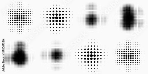 Set of halftone dots pattern texture isolated on white background. Dotted spots using halftone circle dot raster texture collection. Vector half tone collection.