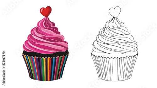 colorful cupcake with heart on top next to line drawing of similar dessert