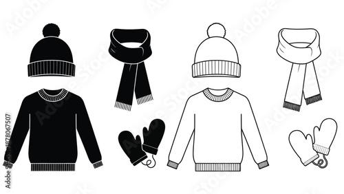 Winter clothing items hats scarves sweaters and mittens in black and white