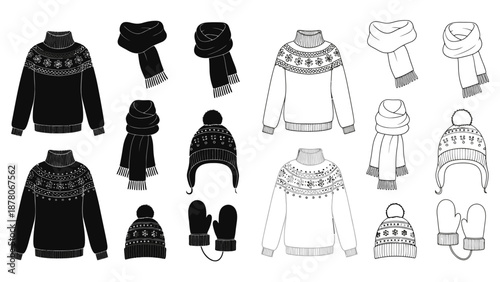 Selection of winter clothing items sweaters scarves hats and mittens