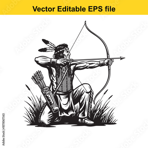 Vector illustration of a man aiming a bow and arrow in a grassy field