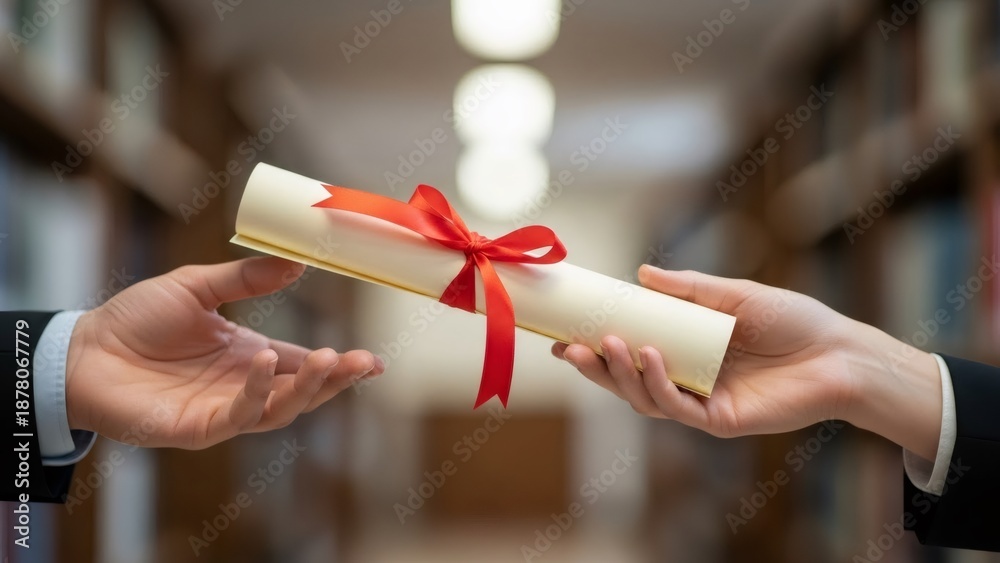 © W.O.W - Two men hands passing a diploma scroll with red ribbon. Academic achievement and graduation ceremony concept for education recognition. © W.O.W - Two men hands passing a diploma scroll with red ribbon. Academic achievement and graduation ceremony concept for education recognition.