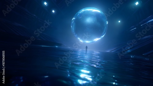 Wallpaper Mural Celestial Sphere: A solitary figure stands before a shimmering celestial sphere, the serene backdrop of cosmic expanse and water adds a touch of mystery. Torontodigital.ca