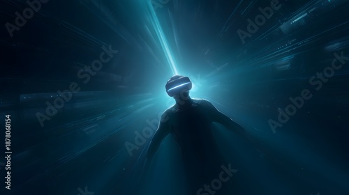 Technological Exploration: A person wearing a virtual reality headset is bathed in the illuminating glow of digital innovation, venturing into the captivating realm of virtual experience.