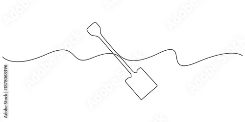 Minimalist continuous line drawing of a shovel, Concepts for gardening, agriculture, or construction