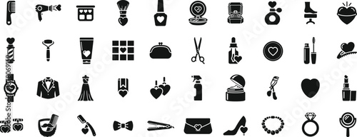 Beauty Salon and Wedding Fashion Icons Glyph Vector Set