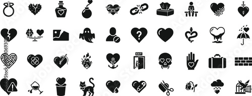 Heartbreak and Anti-Valentine Sadness Icons Glyph Vector Pack