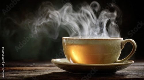Cozy cup of steaming tea on wooden table, warm beverage inviting relaxation and comfort, perfect for tea lovers and autumn vibes with soft lighting.