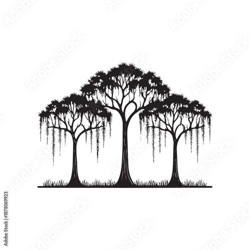 Silhouette Trees with Spanish Moss and Cypress ? Minimalist Black and White Vector Illustration (2).eps