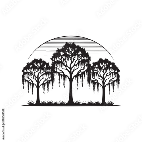 Vászonkép Silhouette Trees with Spanish Moss and Cypress ? Minimalist Black and White Vector Illustration (1)