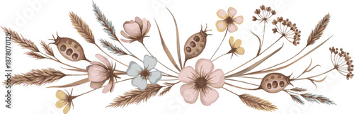 Delicate Watercolor Illustration of a Rustic Floral Border with Dried Flowers and Grasses