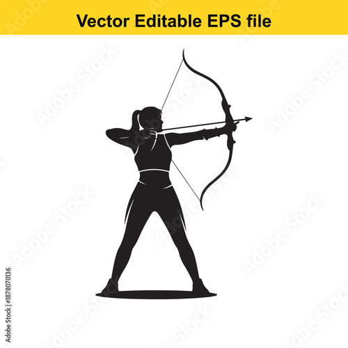 black silhouette of a woman shooting a bow and arrow in a dynamic stance