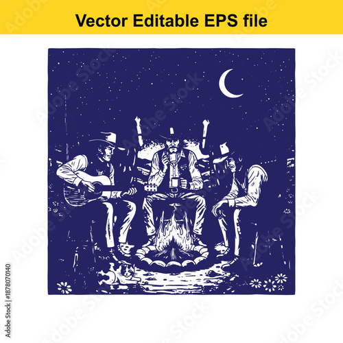 vector illustration of musicians sitting around campfire at night