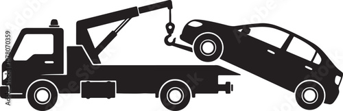 Black and white line of a tow truck lifting a car with a crane also transparent background 1
