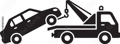 Black and white line of a tow truck lifting a car with a crane also transparent background