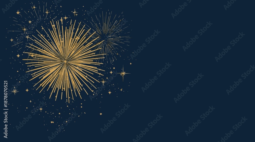 Fototapeta premium template featuring a vibrant golden firework explosion with intricate details and shimmering stars scattered across a deep dark blue background