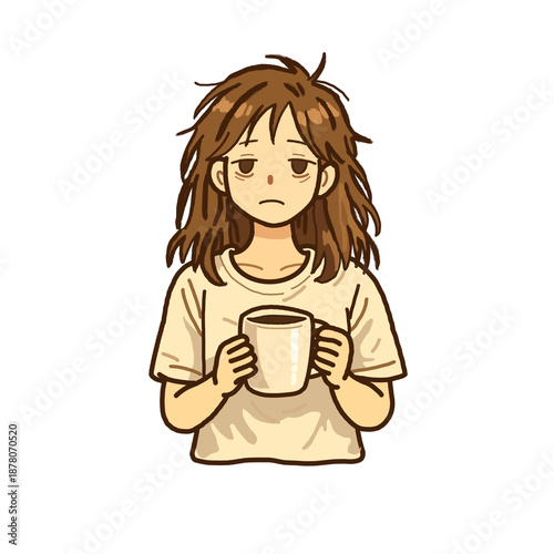 hand draw tired woman holding coffee mug minimalist 