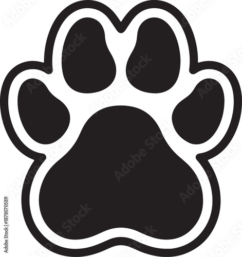 Black and white paw print outline with four distinct toes and a central pad also transparent background