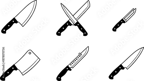 Kitchen knife icon collection with varied blade shapes and handles for cooking, culinary, food prep, and utensil design content
