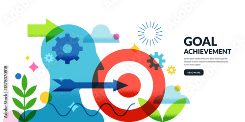 Head with gear, target, arrow. Vector illustration. Goal achievement, leadership, determination, business idea concept
