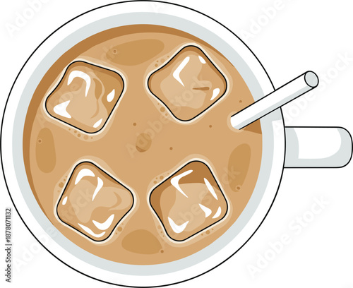 Flat vector illustration of iced coffee cup with ice cubes and straw from a top down aerial view