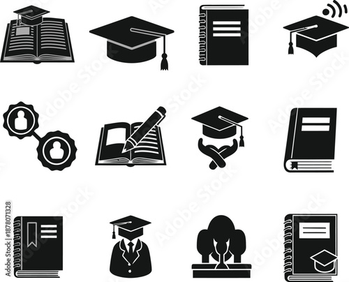Black and white icons of graduation items isolated on transparent background