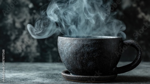 Black ceramic cup with steam rising from hot beverage, moody background, modern aesthetic, cozy atmosphere, perfect for coffee or tea enthusiasts, relaxation theme