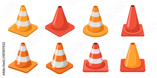 Set of colorful traffic cones in various angles and colors