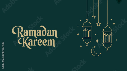 Ramadan Kareem Greeting Card with Hanging Lanterns