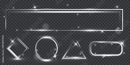 lowing silver light frames and geometric shapes with sparkle and bokeh on a transparent background