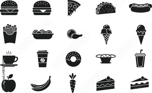 Black and white food icons isolated on transparent background