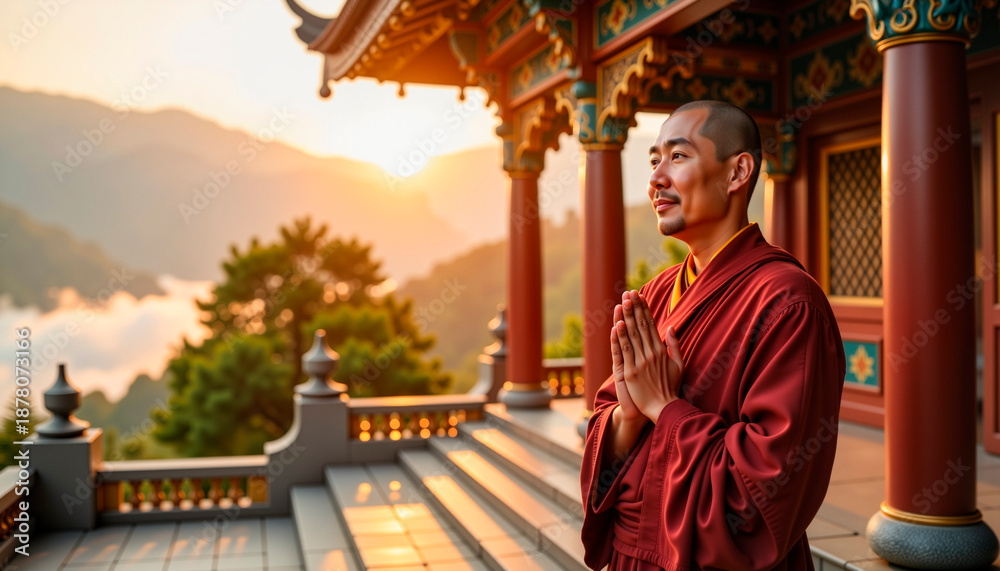 Fototapeta premium Monk praying with hands together at mountain temple during sunset 