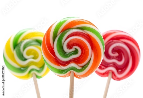 Colorful rainbow swirl lollipop candy on a stick isolated on white background as a sweet delicious dessert object